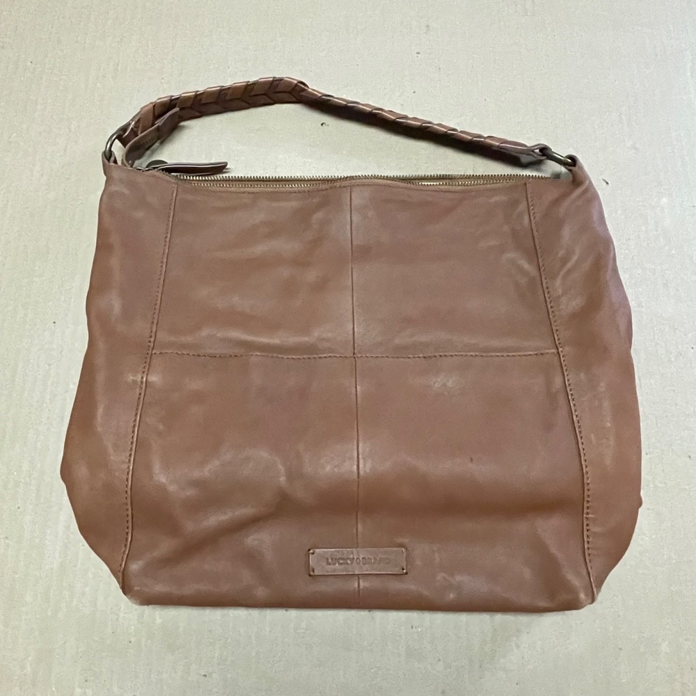 Lucky Brand Brown Leather Hobo Bag Braided Handle Boho Slouchy Shoulder Purse